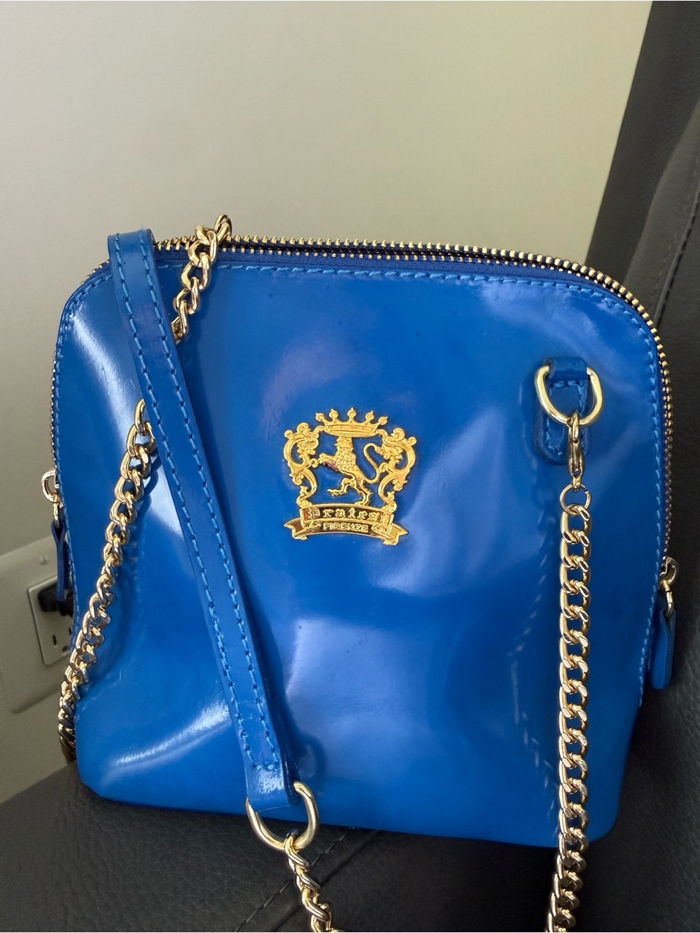 Patent Blue Crossbody with Gold Crest Accent